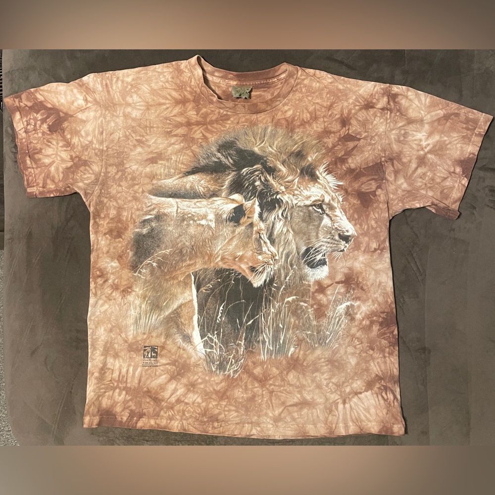 Vintage The Mountain Shirt Mens Brown Tie Dye Tiger Lion 1998 NWF EDITIONS